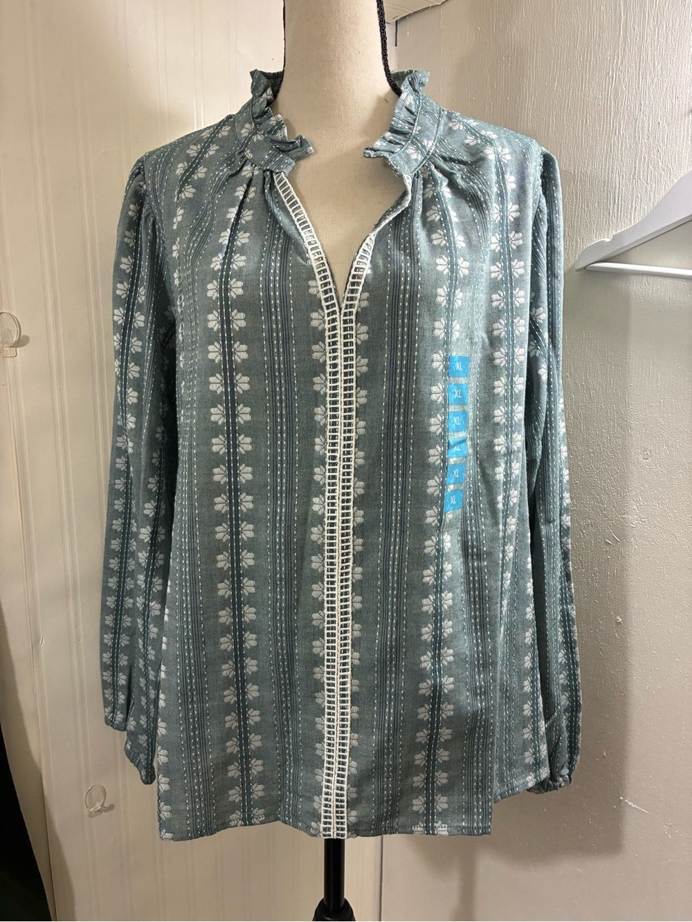 Nine West Dusty Blue Floral Stripe Ruffle Neck Blouse
